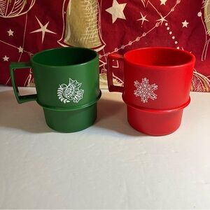 Vintage Tupperware Christmas Mugs Set of 2 Partridge Snowflake Stackable